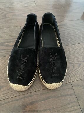 Black Suede Espadrille Loafers with Natural Jute Trim
